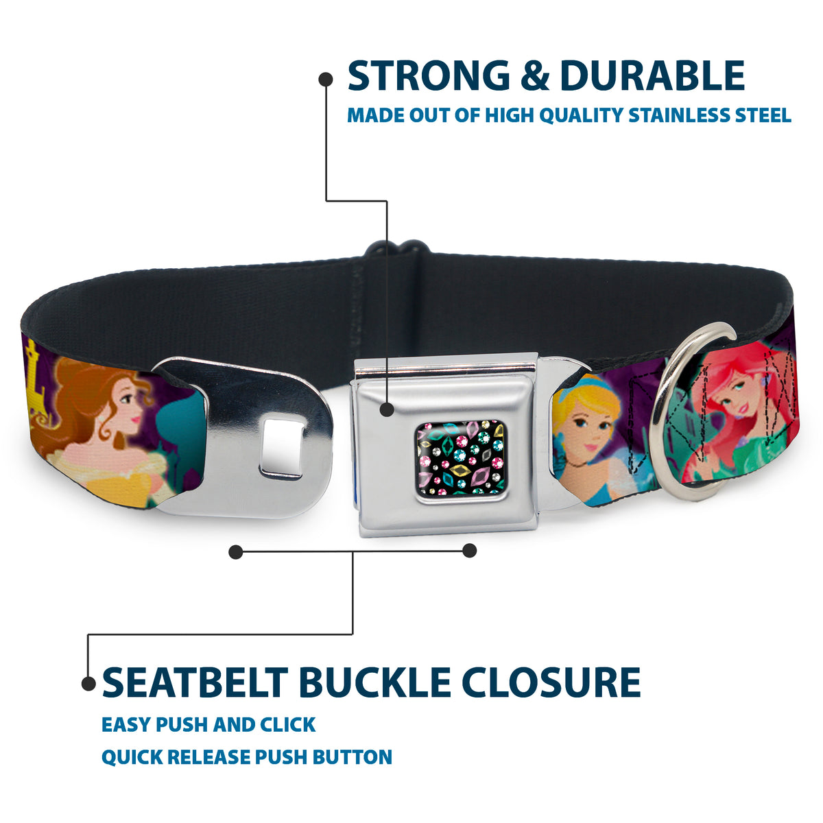 Princess Jewels Full Color Black Multi Color Seatbelt Buckle Collar - Disney Princess Poses/Castle Silhouettes Purples/Multi Color Dog Collars Seatbelt Buckle Disney