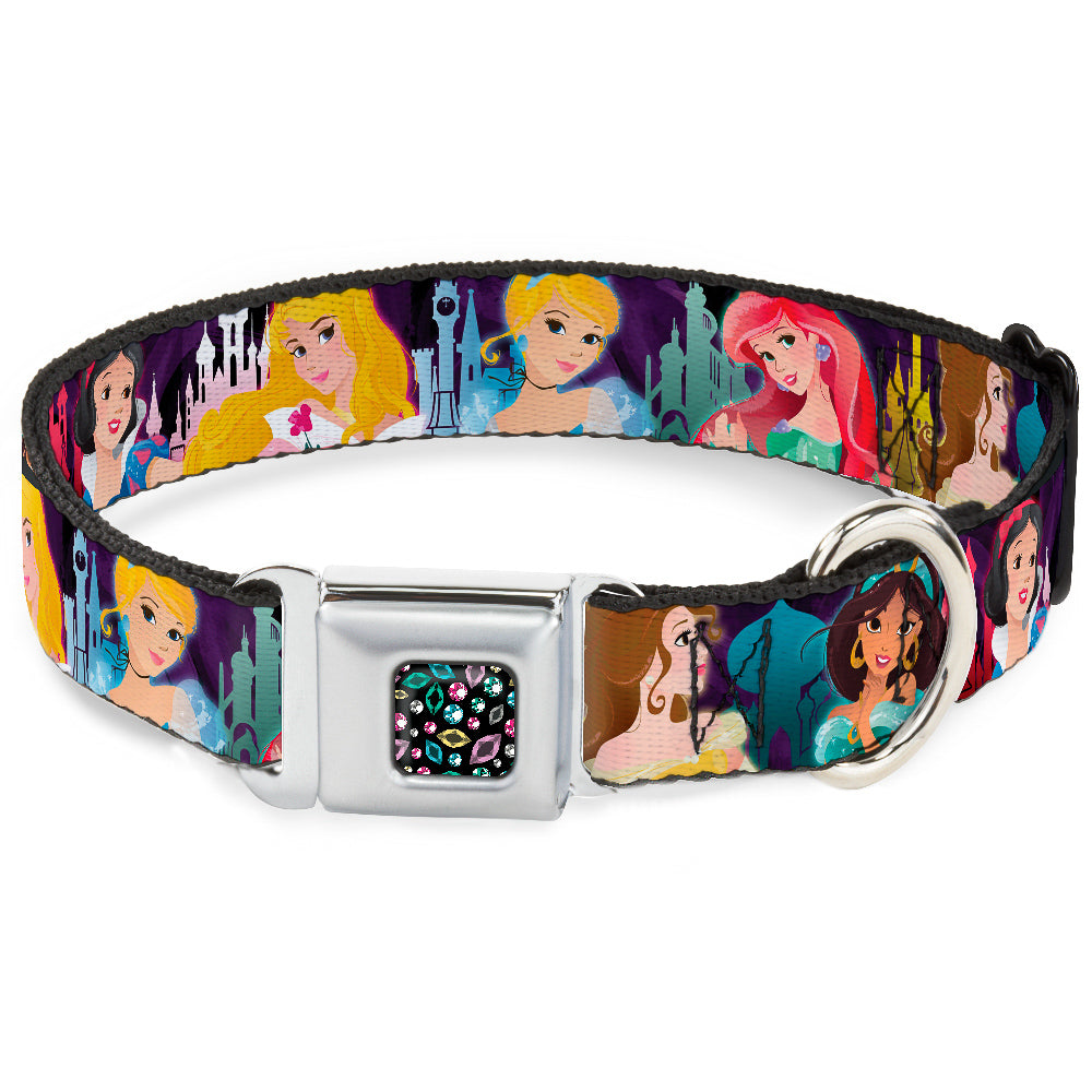 Princess Jewels Full Color Black Multi Color Seatbelt Buckle Collar - Disney Princess Poses/Castle Silhouettes Purples/Multi Color Dog Collars Seatbelt Buckle Disney
