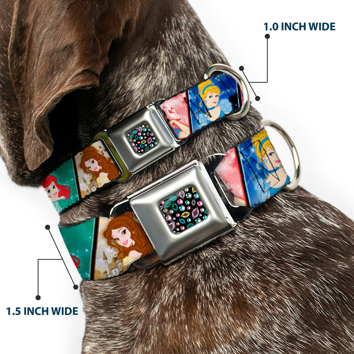 Princess Jewels Full Color Black/Multi Color Seatbelt Buckle Collar - Disney Princess Poses/Castle Blocks Dog Collars Seatbelt Buckle Disney