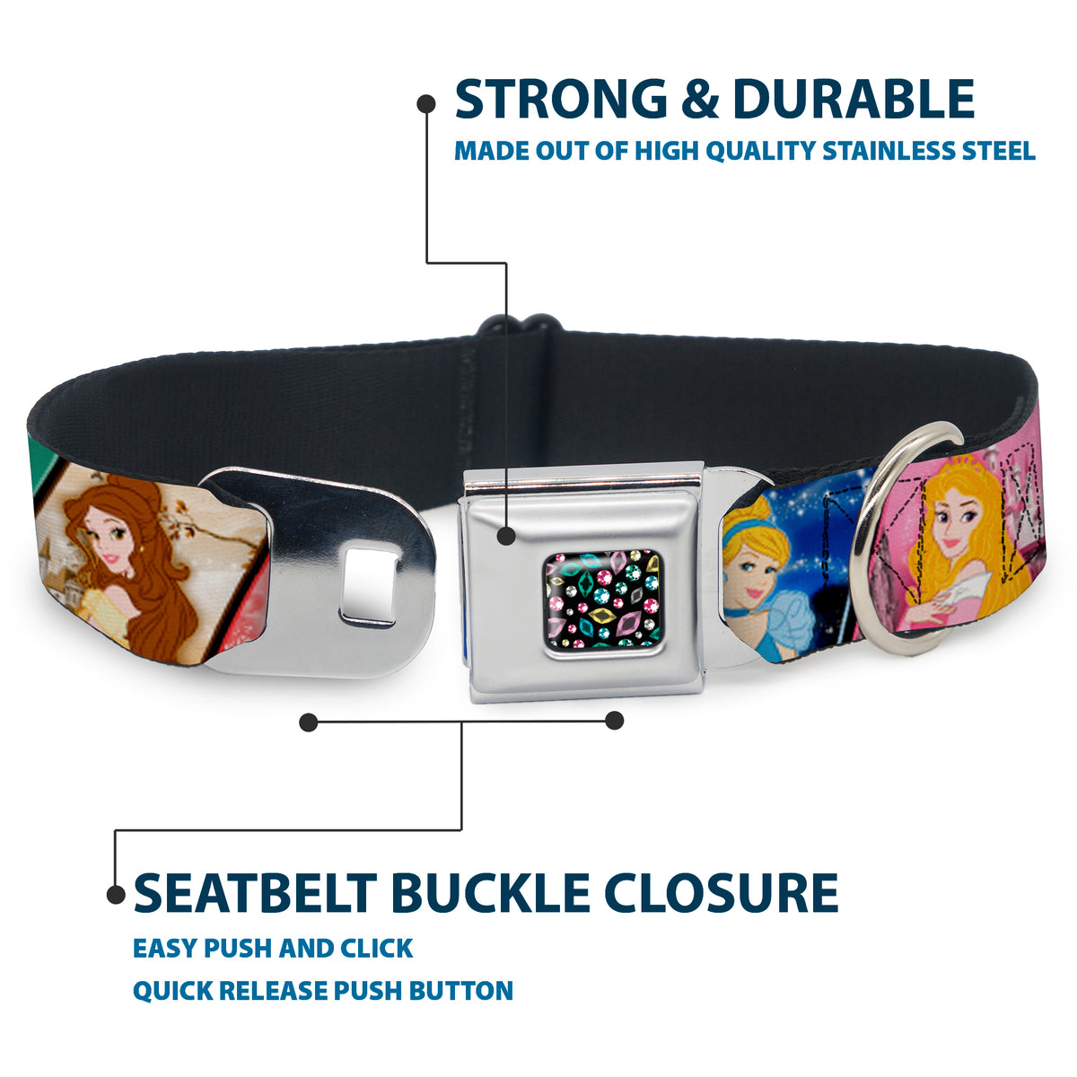 Princess Jewels Full Color Black/Multi Color Seatbelt Buckle Collar - Disney Princess Poses/Castle Blocks Dog Collars Seatbelt Buckle Disney
