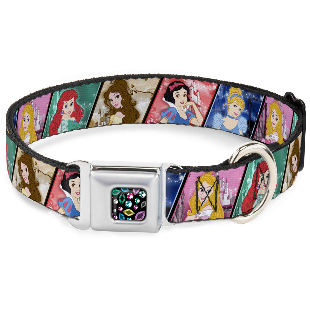 Princess Jewels Full Color Black/Multi Color Seatbelt Buckle Collar - Disney Princess Poses/Castle Blocks Dog Collars Seatbelt Buckle Disney