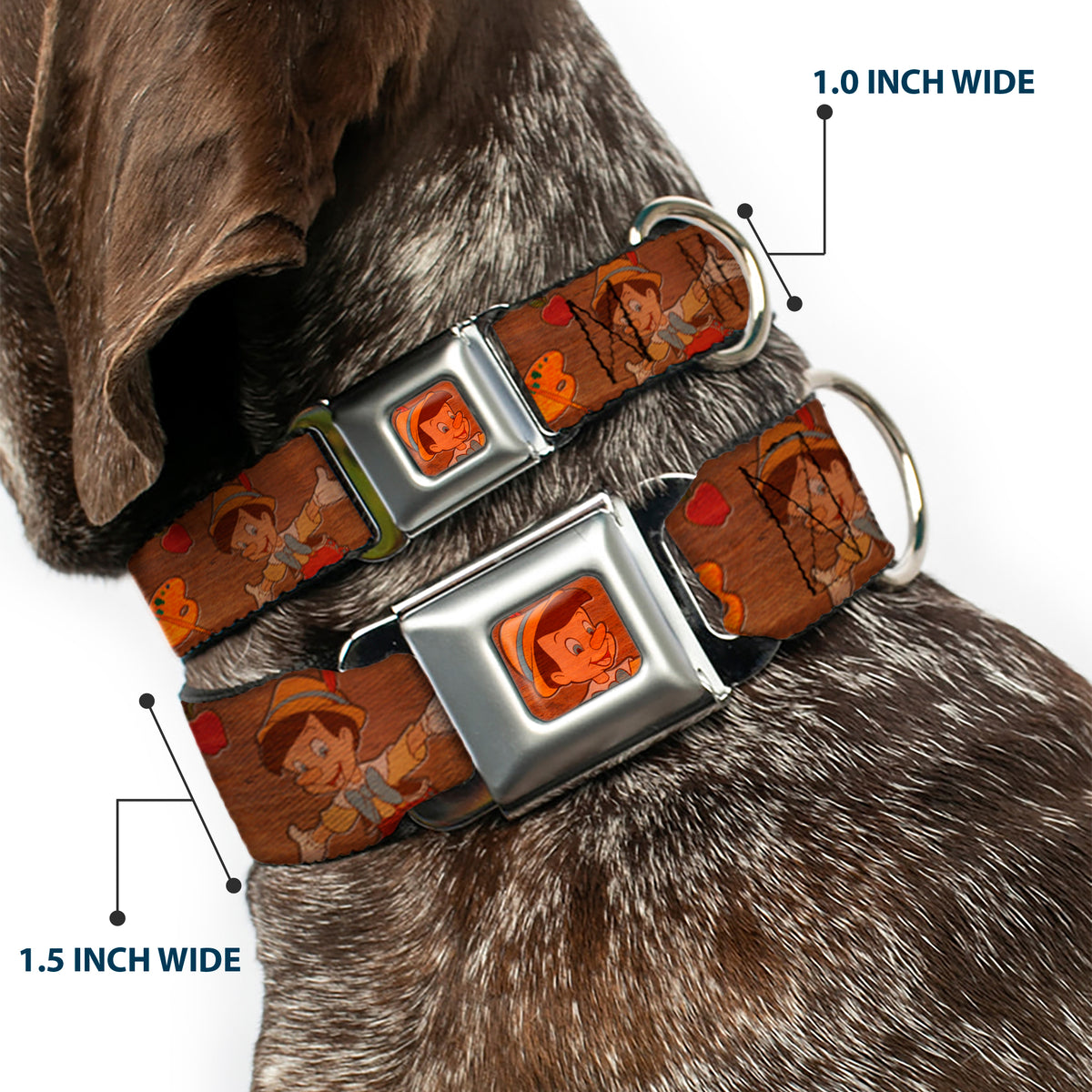 Pinocchio CLOSE-UP Full Color Wood Grain Seatbelt Buckle Collar - Pinocchio Poses Black/White/Multi Color Dog Collars Seatbelt Buckle Disney