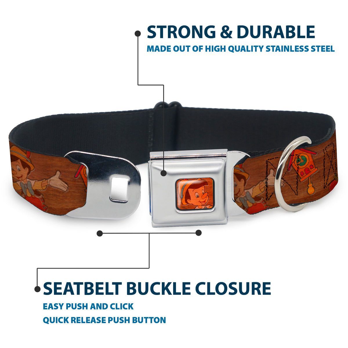 Pinocchio CLOSE-UP Full Color Wood Grain Seatbelt Buckle Collar - Pinocchio Poses Black/White/Multi Color Dog Collars Seatbelt Buckle Disney