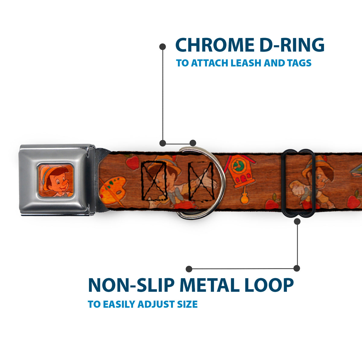 Pinocchio CLOSE-UP Full Color Wood Grain Seatbelt Buckle Collar - Pinocchio Poses Black/White/Multi Color Dog Collars Seatbelt Buckle Disney