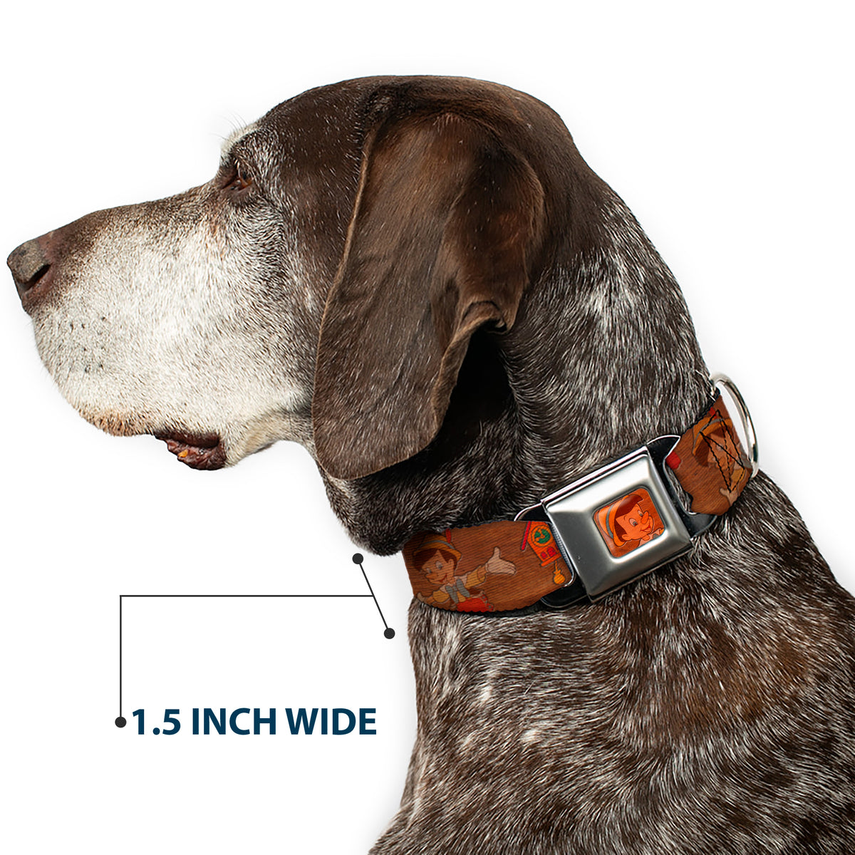 Pinocchio CLOSE-UP Full Color Wood Grain Seatbelt Buckle Collar - Pinocchio Poses Black/White/Multi Color Dog Collars Seatbelt Buckle Disney