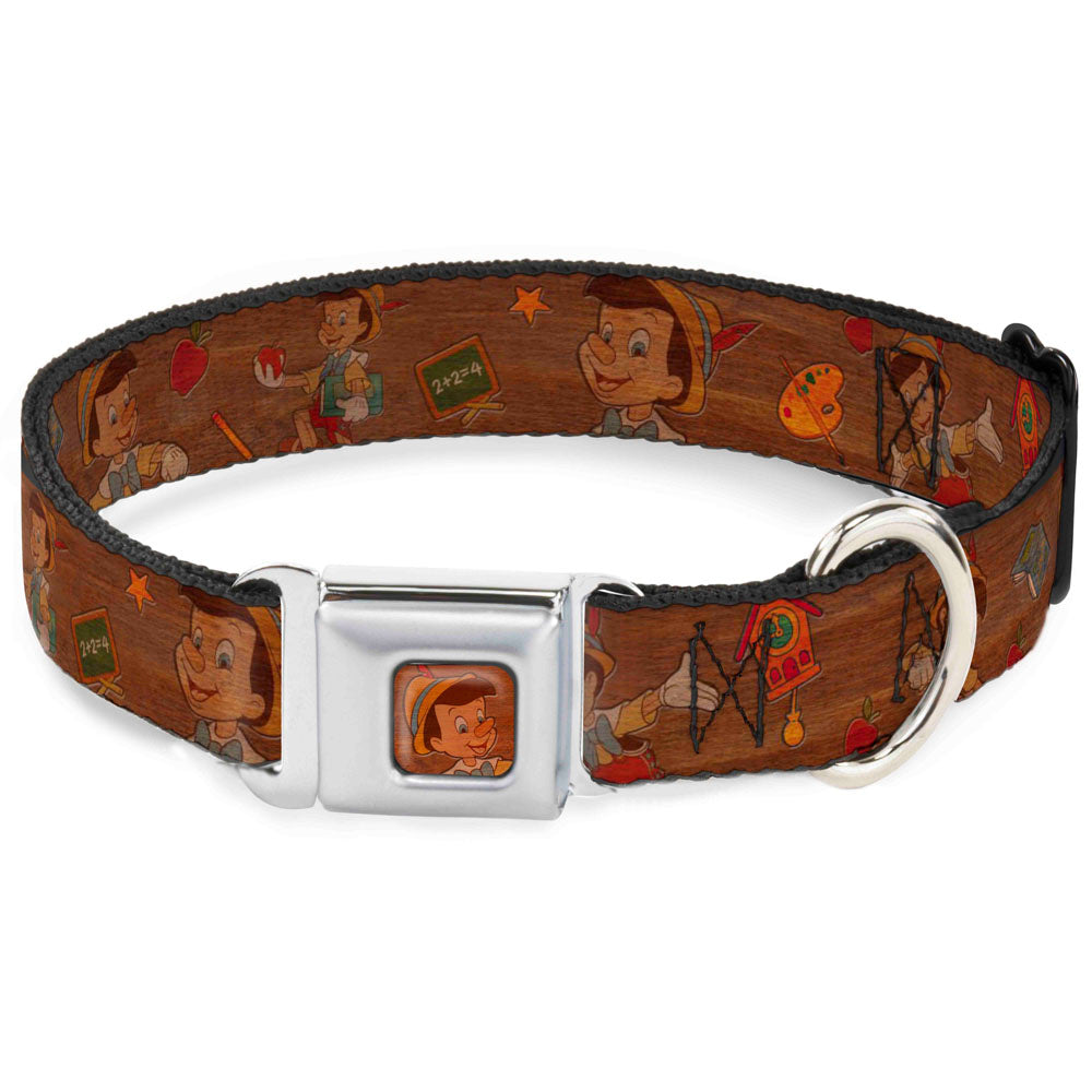 Pinocchio CLOSE-UP Full Color Wood Grain Seatbelt Buckle Collar - Pinocchio Poses Black/White/Multi Color Dog Collars Seatbelt Buckle Disney