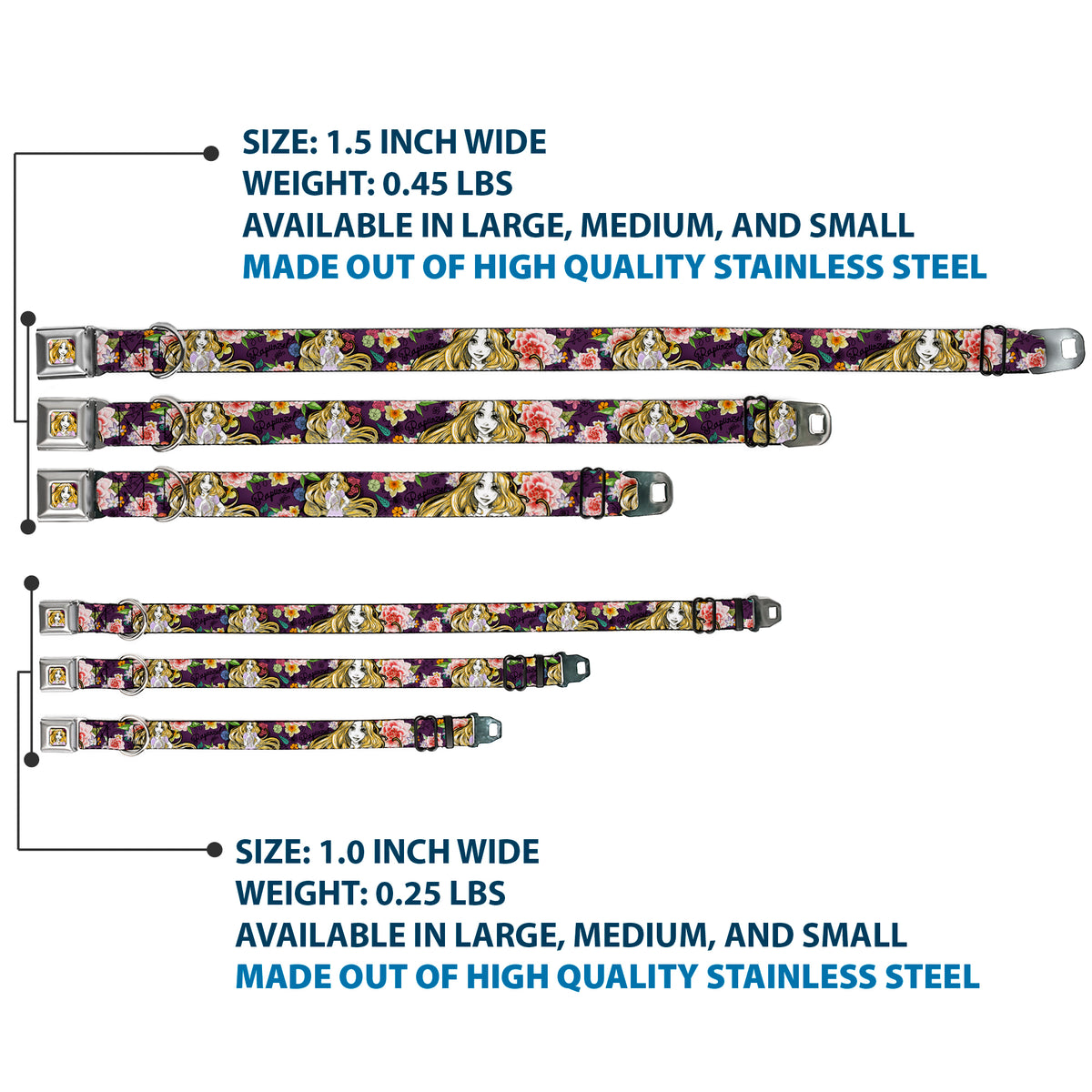 Rapunzel Sketch Full Color Seatbelt Buckle Collar - Rapunzel Poses/Floral Collage Sketch Purple Dog Collars Seatbelt Buckle Disney