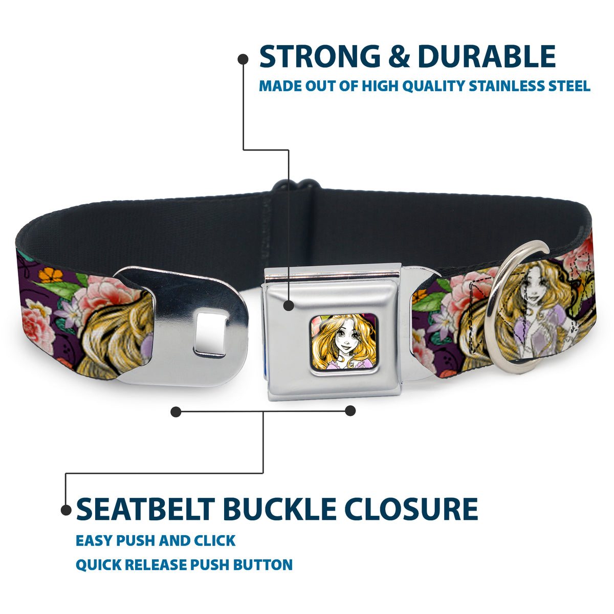 Rapunzel Sketch Full Color Seatbelt Buckle Collar - Rapunzel Poses/Floral Collage Sketch Purple Dog Collars Seatbelt Buckle Disney