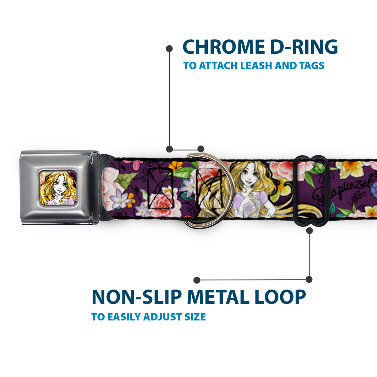 Rapunzel Sketch Full Color Seatbelt Buckle Collar - Rapunzel Poses/Floral Collage Sketch Purple Dog Collars Seatbelt Buckle Disney