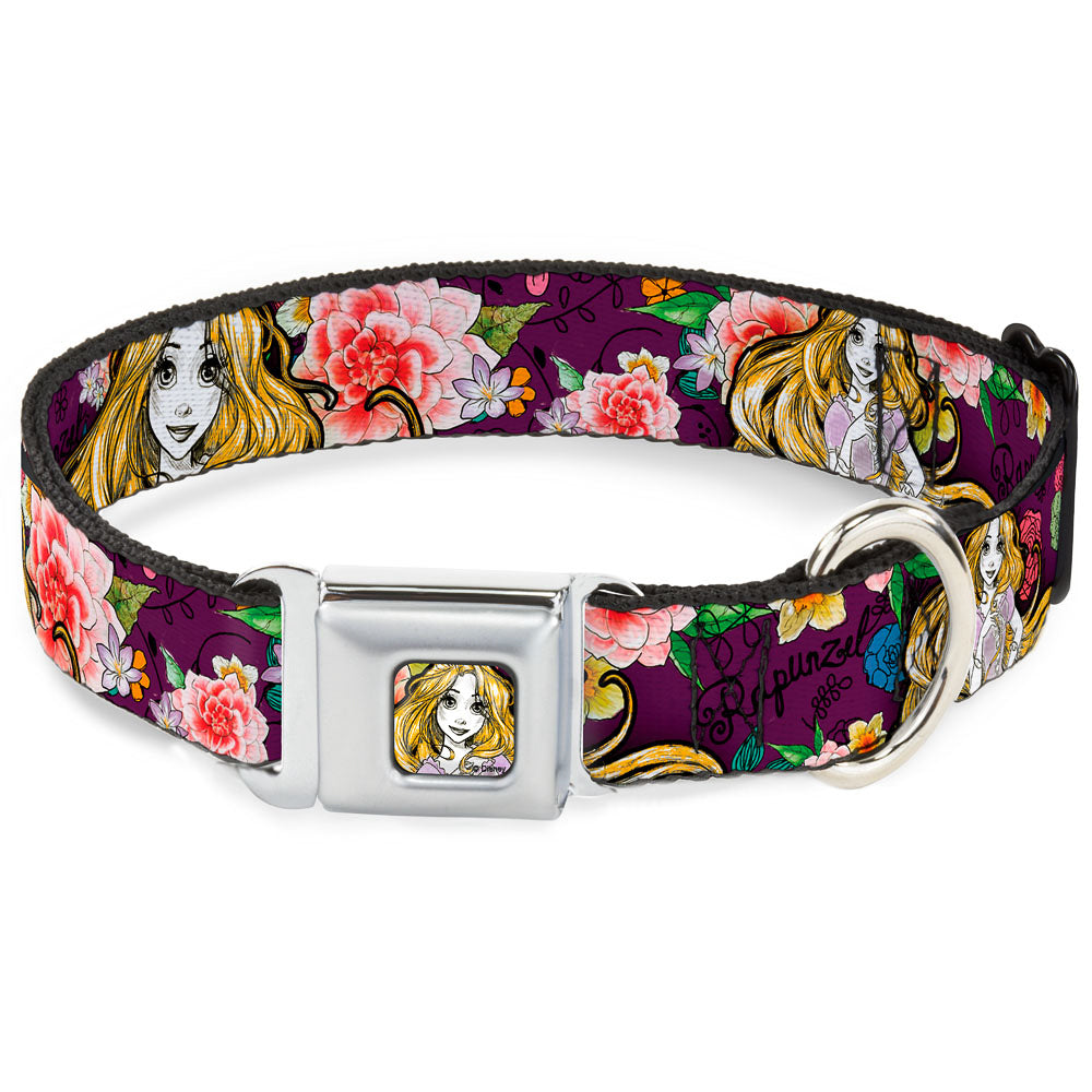 Rapunzel Sketch Full Color Seatbelt Buckle Collar - Rapunzel Poses/Floral Collage Sketch Purple Dog Collars Seatbelt Buckle Disney
