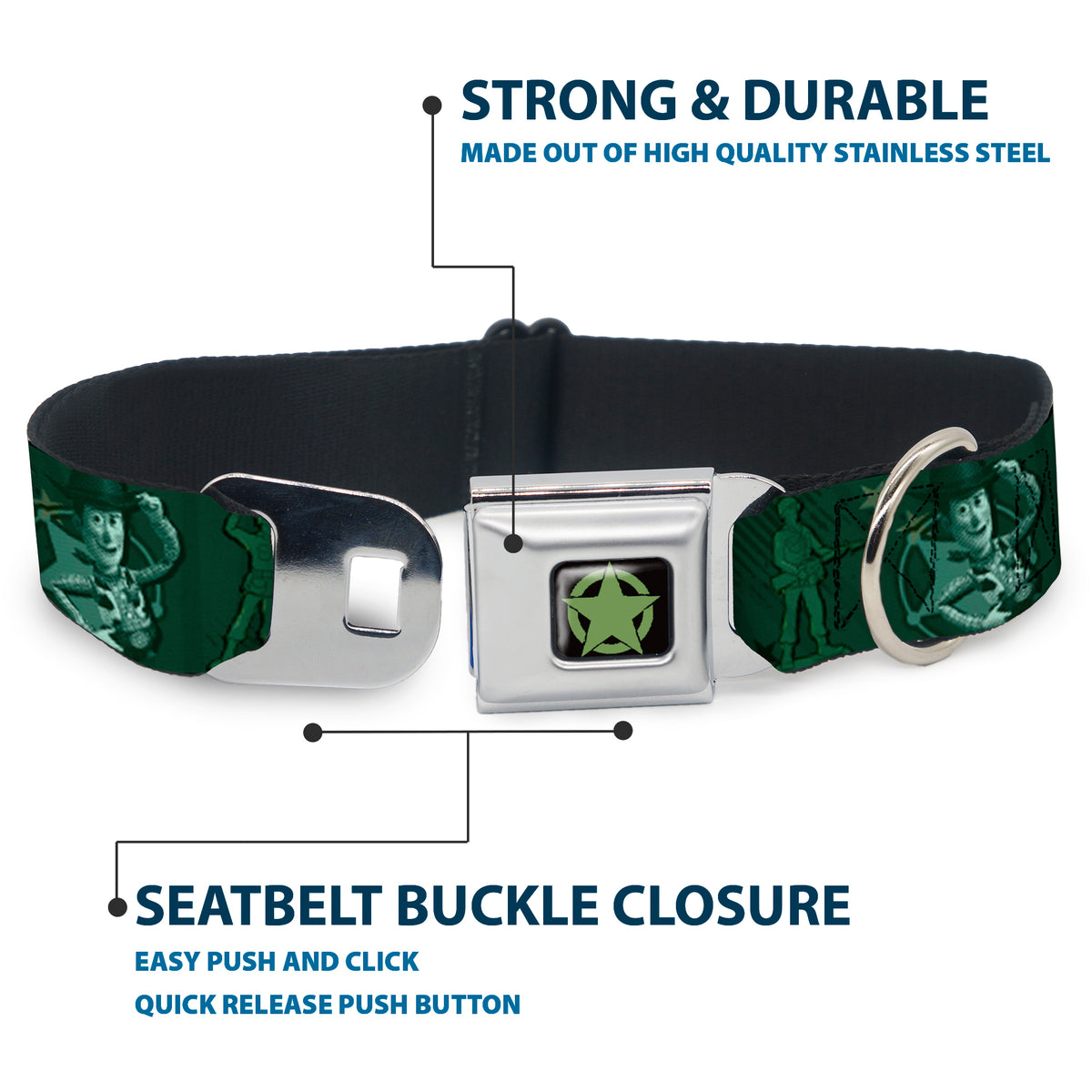 Toy Story Star Icon Full Color Black/Green Seatbelt Buckle Collar - Woody & Friends KEEP CALM & REACH FOR THE SKY Blues Dog Collars Seatbelt Buckle Disney