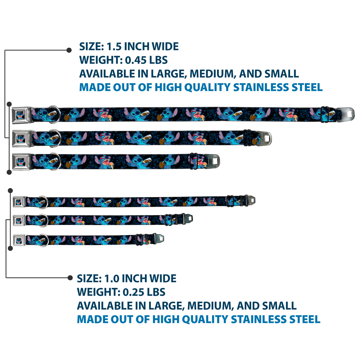 Stitch Smiling CLOSE-UP Full Color Black Seatbelt Buckle Collar - Stitch Snacking Poses Black/Blue Dog Collars Seatbelt Buckle Disney