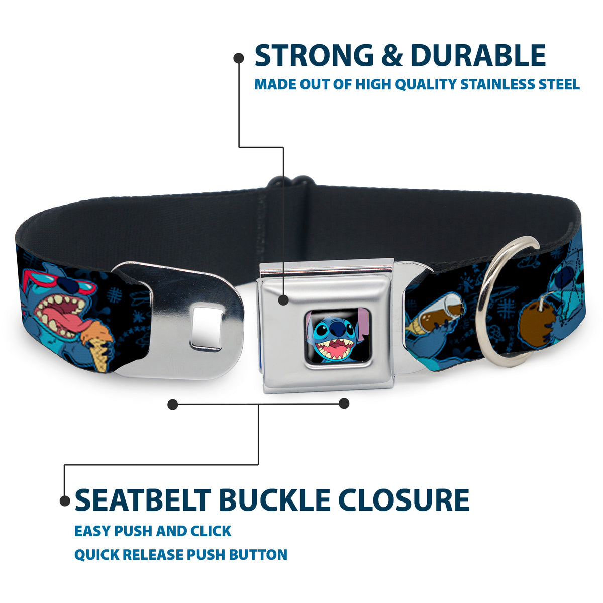Stitch Smiling CLOSE-UP Full Color Black Seatbelt Buckle Collar - Stitch Snacking Poses Black/Blue Dog Collars Seatbelt Buckle Disney