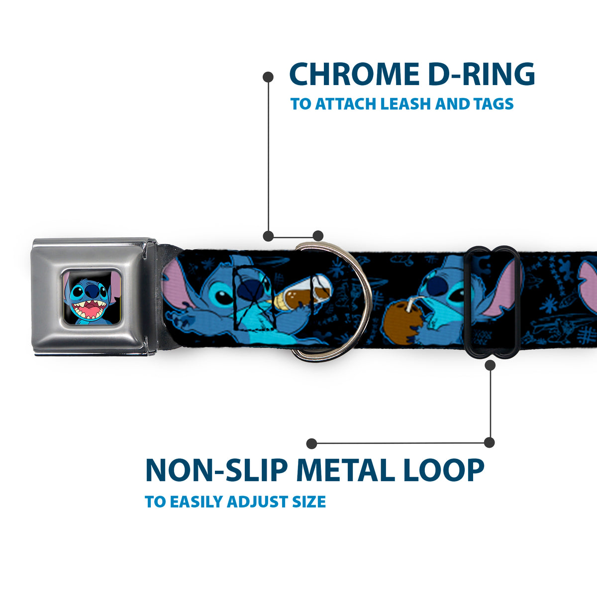 Stitch Smiling CLOSE-UP Full Color Black Seatbelt Buckle Collar - Stitch Snacking Poses Black/Blue Dog Collars Seatbelt Buckle Disney