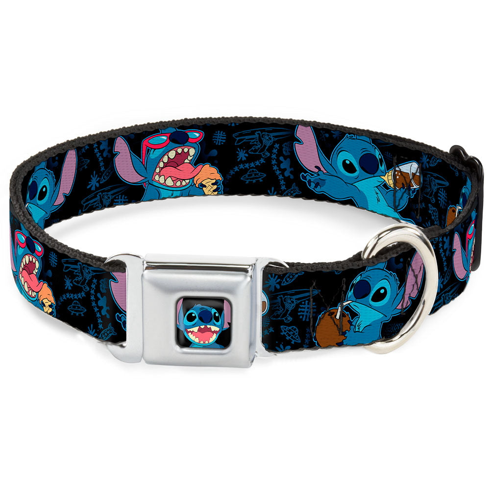 Stitch Smiling CLOSE-UP Full Color Black Seatbelt Buckle Collar - Stitch Snacking Poses Black/Blue Dog Collars Seatbelt Buckle Disney