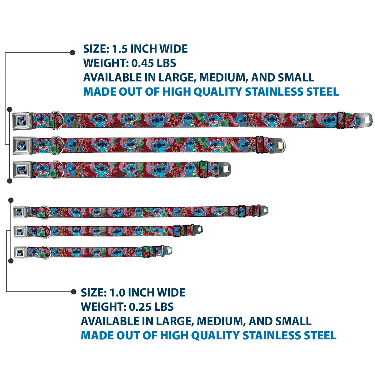 Stitch Smiling CLOSE-UP Full Color Black Seatbelt Buckle Collar - Stitch 6-Expressions Tropical Flora Burgundy Reds/Greens Dog Collars Seatbelt Buckle Disney