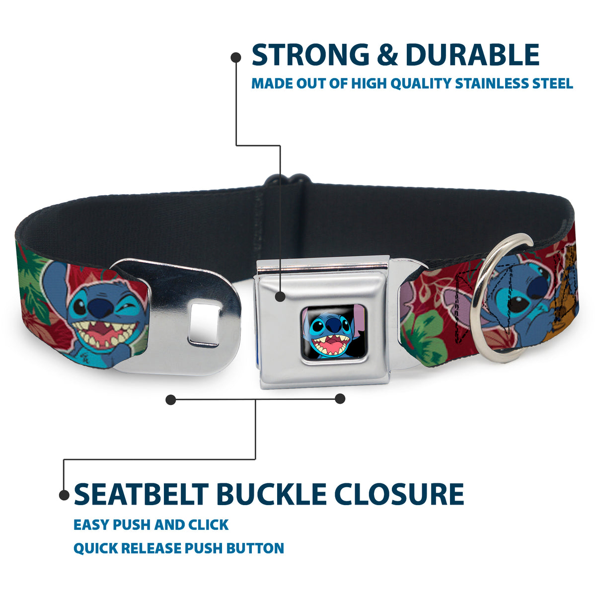 Stitch Smiling CLOSE-UP Full Color Black Seatbelt Buckle Collar - Stitch 6-Expressions Tropical Flora Burgundy Reds/Greens Dog Collars Seatbelt Buckle Disney