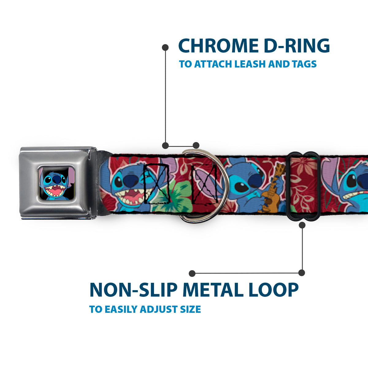 Stitch Smiling CLOSE-UP Full Color Black Seatbelt Buckle Collar - Stitch 6-Expressions Tropical Flora Burgundy Reds/Greens Dog Collars Seatbelt Buckle Disney
