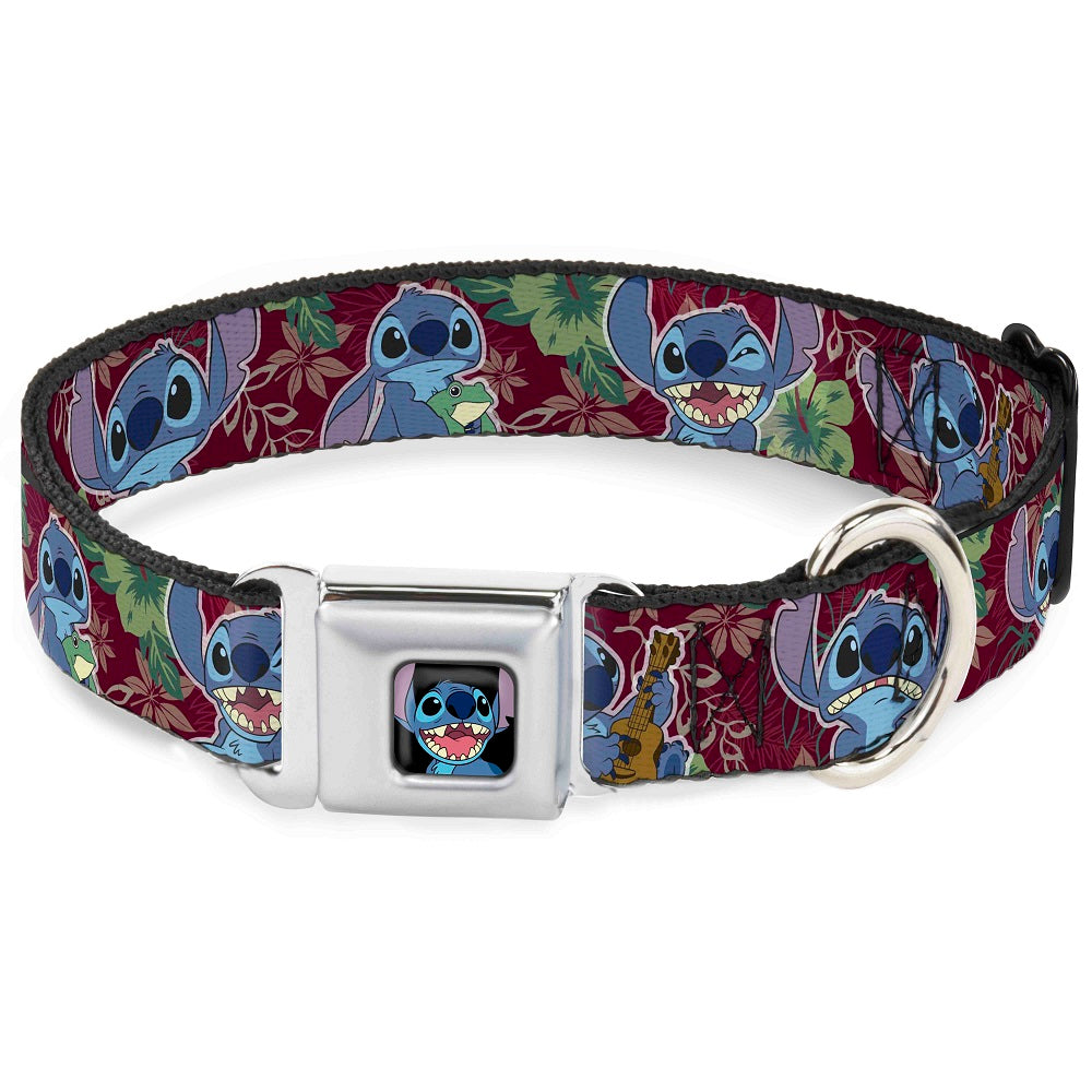 Stitch Smiling CLOSE-UP Full Color Black Seatbelt Buckle Collar - Stitch 6-Expressions Tropical Flora Burgundy Reds/Greens Dog Collars Seatbelt Buckle Disney