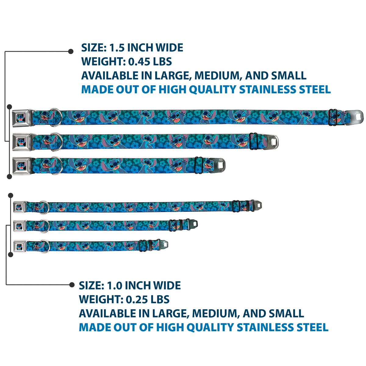 Stitch Smiling CLOSE-UP Full Color Black Seatbelt Buckle Collar - Stitch Expressions/Hibiscus Collage Green-Blue Fade Dog Collars Seatbelt Buckle Disney