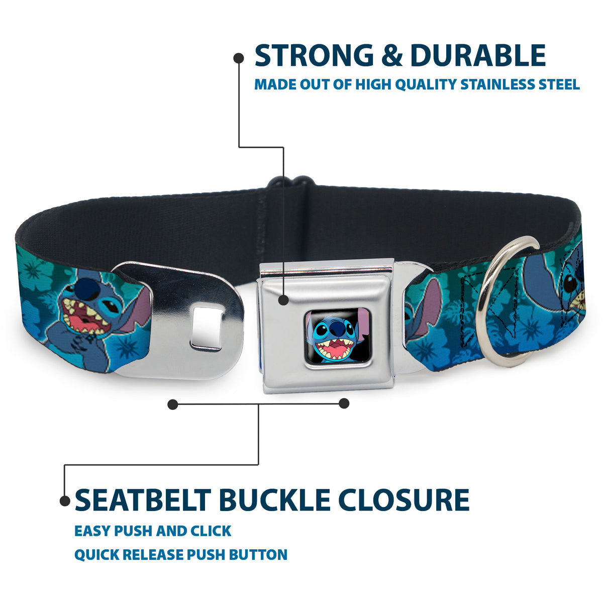 Stitch Smiling CLOSE-UP Full Color Black Seatbelt Buckle Collar - Stitch Expressions/Hibiscus Collage Green-Blue Fade Dog Collars Seatbelt Buckle Disney