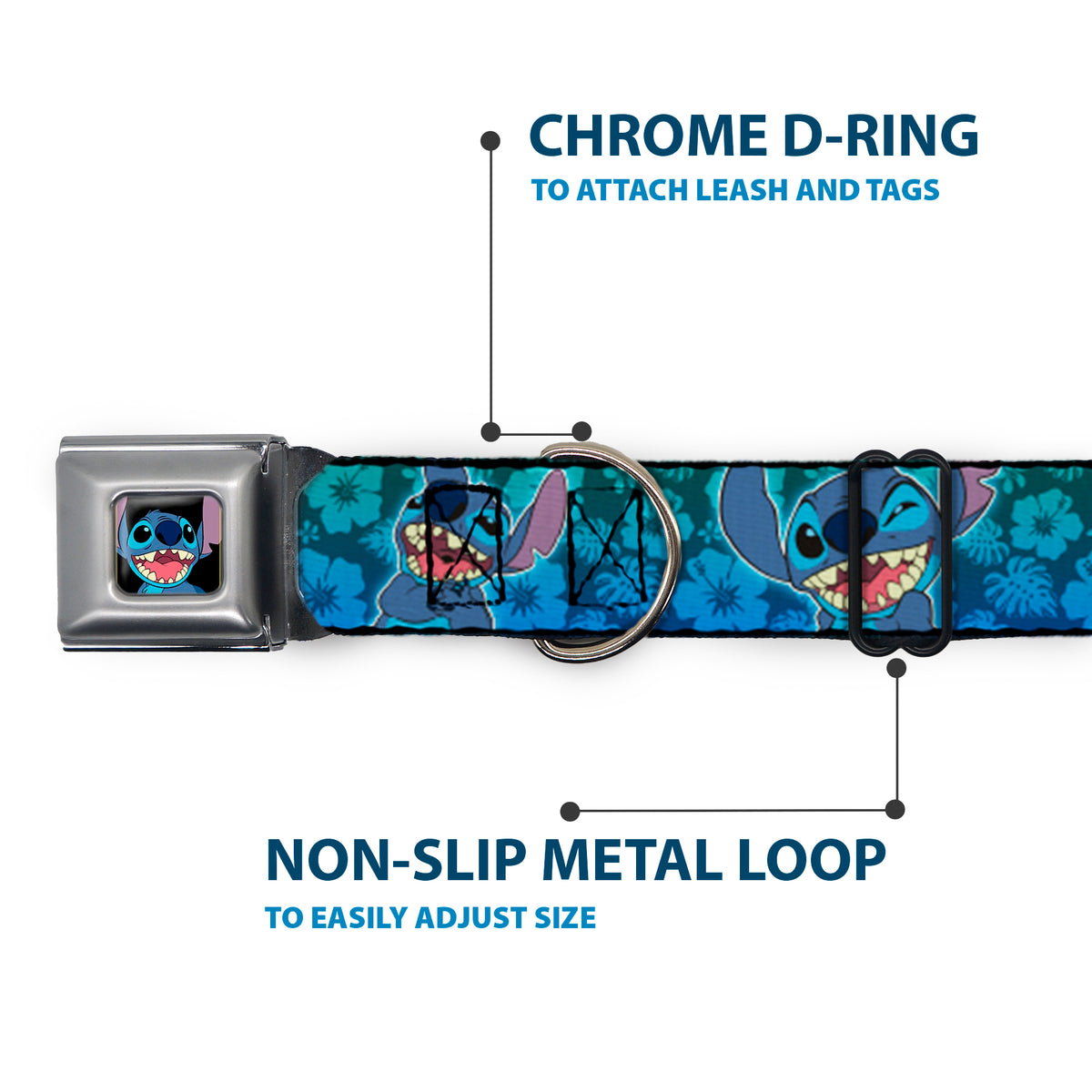 Stitch Smiling CLOSE-UP Full Color Black Seatbelt Buckle Collar - Stitch Expressions/Hibiscus Collage Green-Blue Fade Dog Collars Seatbelt Buckle Disney