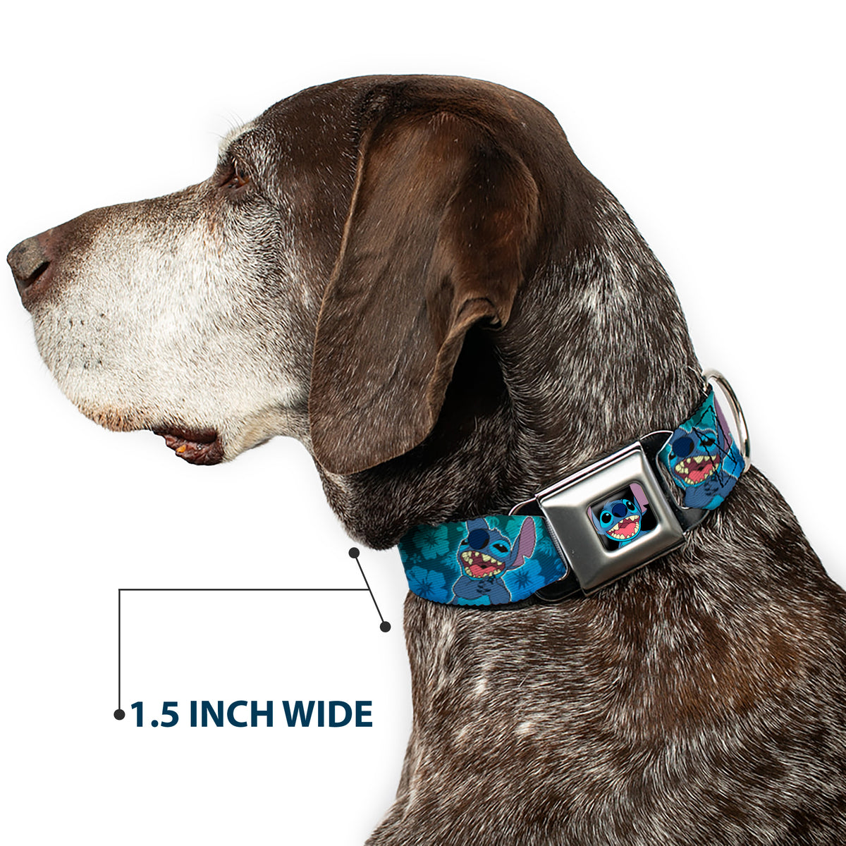 Stitch Smiling CLOSE-UP Full Color Black Seatbelt Buckle Collar - Stitch Expressions/Hibiscus Collage Green-Blue Fade Dog Collars Seatbelt Buckle Disney