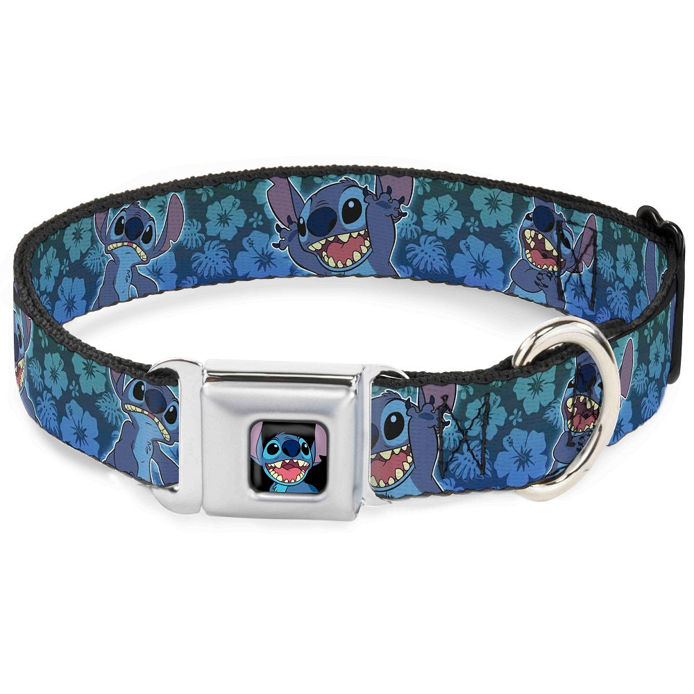 Stitch Smiling CLOSE-UP Full Color Black Seatbelt Buckle Collar - Stitch Expressions/Hibiscus Collage Green-Blue Fade Dog Collars Seatbelt Buckle Disney