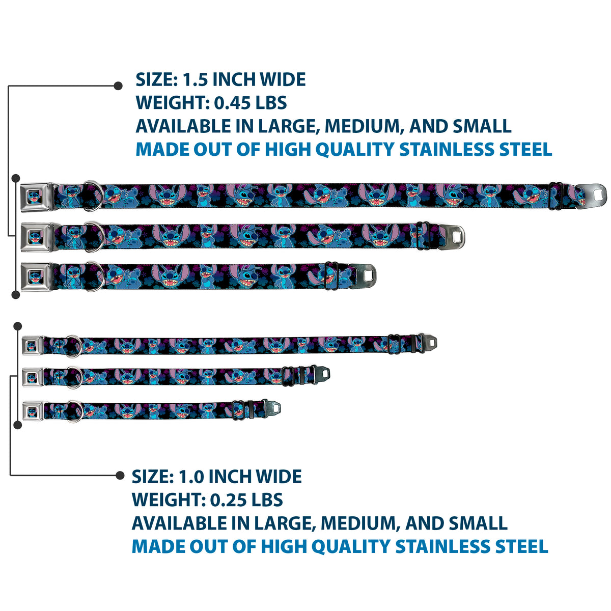Stitch Smiling CLOSE-UP Full Color Seatbelt Buckle Collar - Stitch 2-Expressions/2-Poses Tropical Flora Black/Purple-Blue Fade Dog Collars Seatbelt Buckle Disney