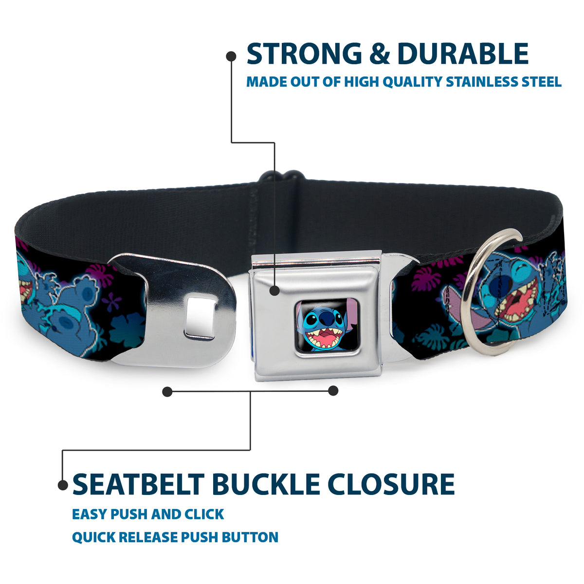 Stitch Smiling CLOSE-UP Full Color Seatbelt Buckle Collar - Stitch 2-Expressions/2-Poses Tropical Flora Black/Purple-Blue Fade Dog Collars Seatbelt Buckle Disney