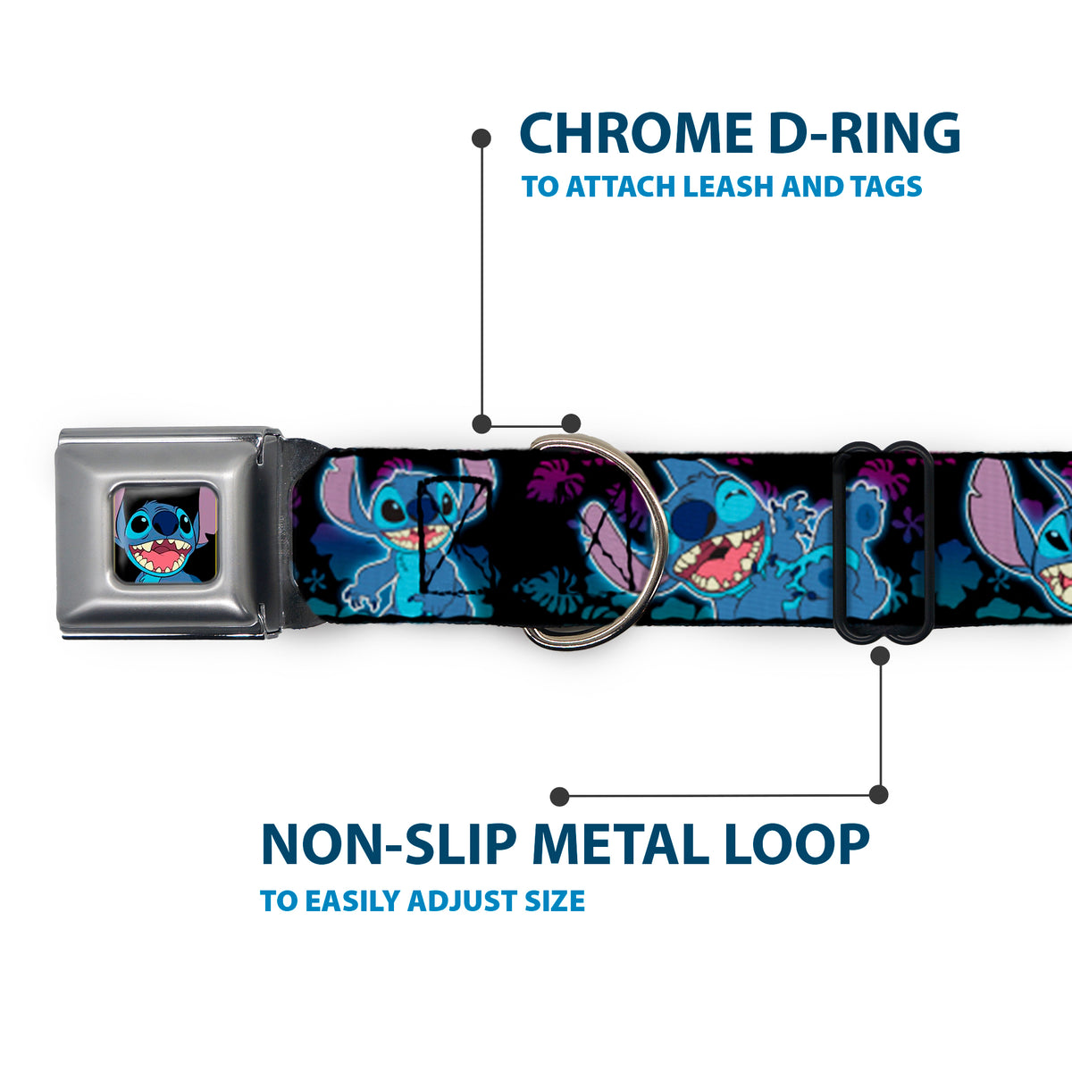 Stitch Smiling CLOSE-UP Full Color Seatbelt Buckle Collar - Stitch 2-Expressions/2-Poses Tropical Flora Black/Purple-Blue Fade Dog Collars Seatbelt Buckle Disney