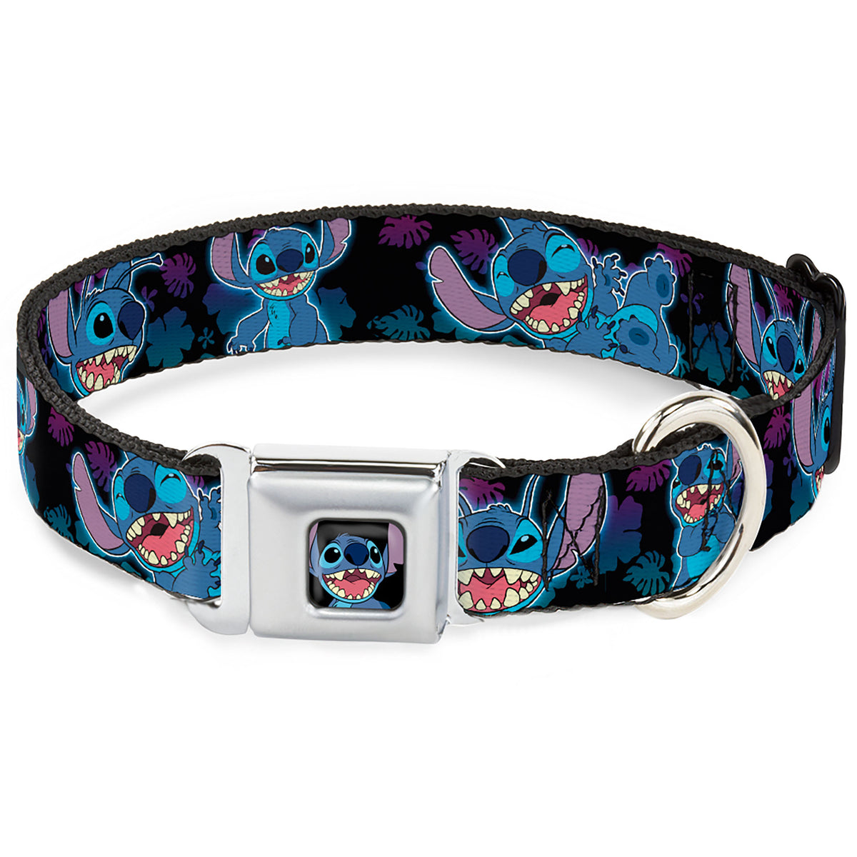 Stitch Smiling CLOSE-UP Full Color Seatbelt Buckle Collar - Stitch 2-Expressions/2-Poses Tropical Flora Black/Purple-Blue Fade Dog Collars Seatbelt Buckle Disney