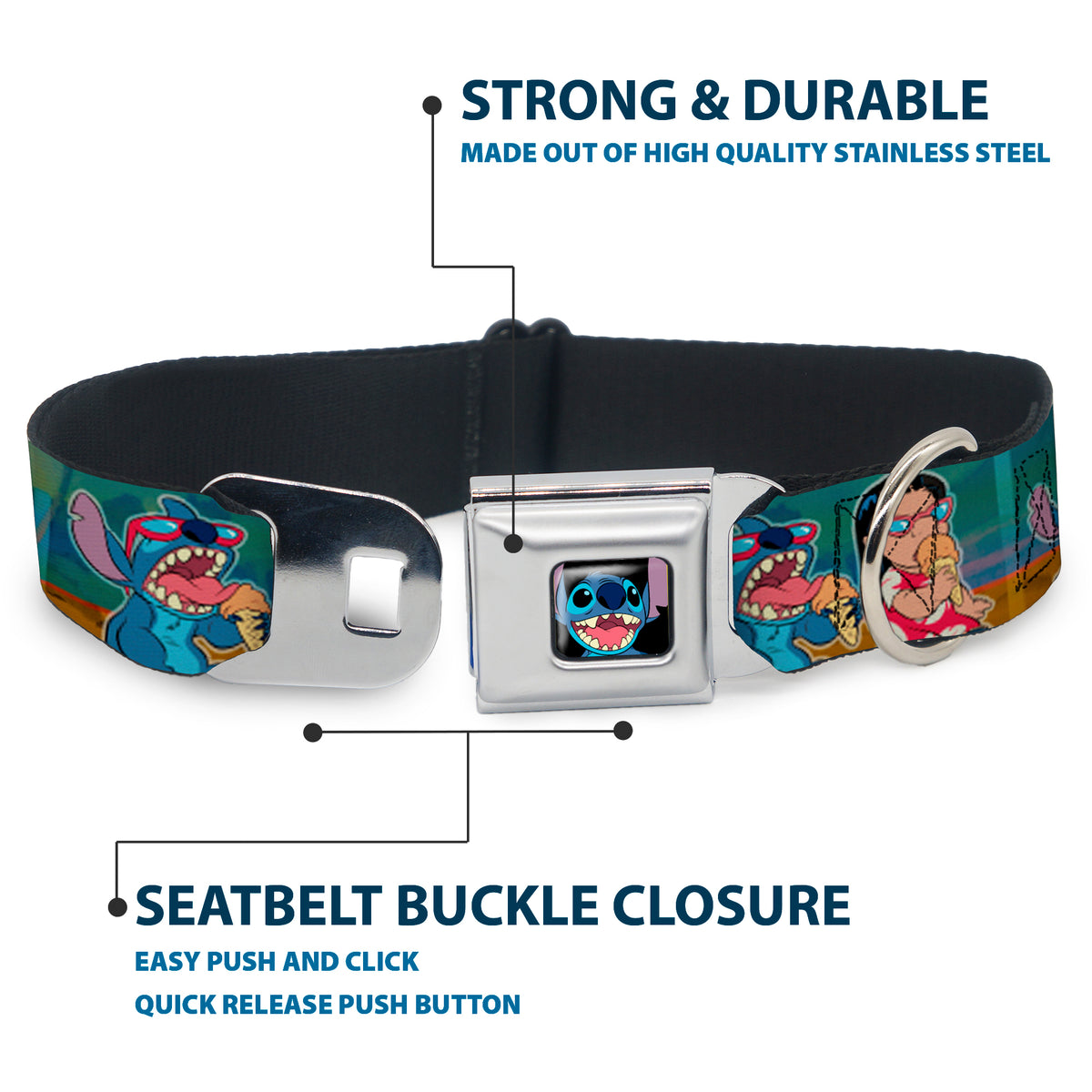 Stitch Smiling CLOSE-UP Full Color Black Seatbelt Buckle Collar - Lilo & Stitch 5-Scene Blocks Dog Collars Seatbelt Buckle Disney