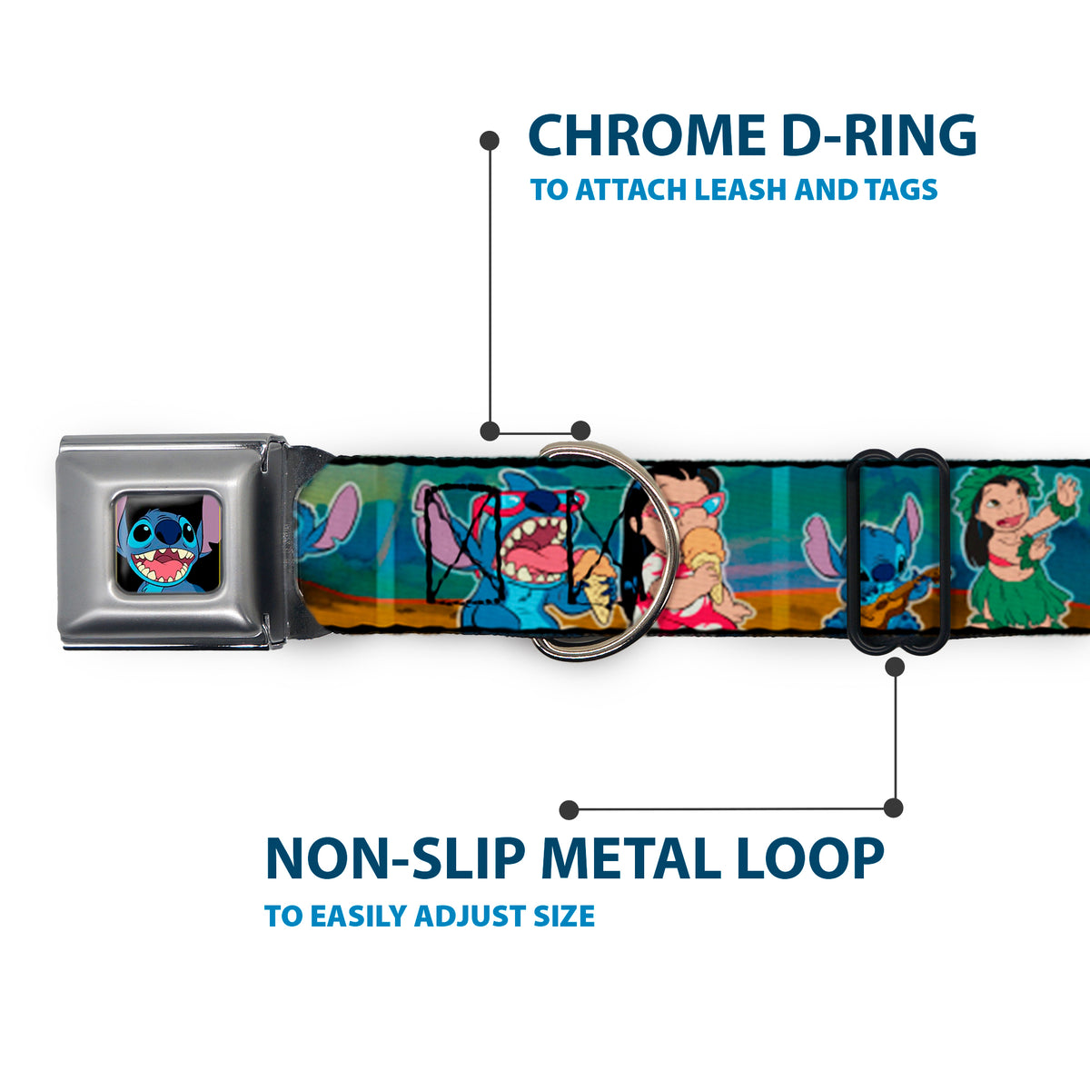 Stitch Smiling CLOSE-UP Full Color Black Seatbelt Buckle Collar - Lilo & Stitch 5-Scene Blocks Dog Collars Seatbelt Buckle Disney