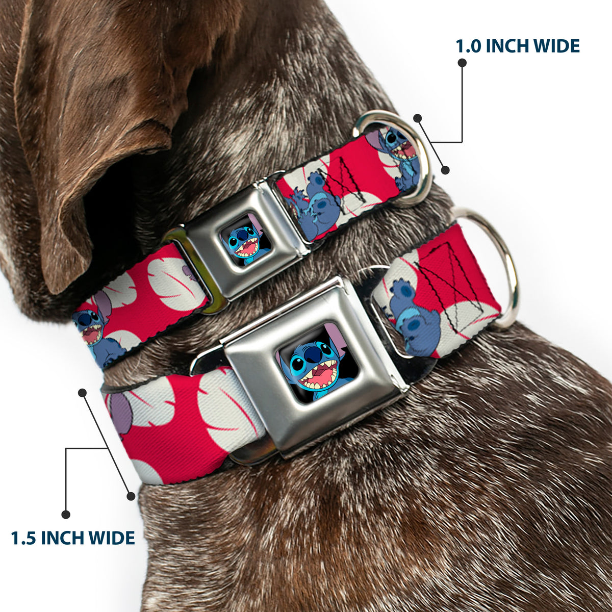 Stitch Smiling Full Color CLOSE-UP Seatbelt Buckle Collar - Lilo & Stitch Stitch 4-Poses/Lilo Dress Leaves Red/Ivory Dog Collars Seatbelt Buckle Disney
