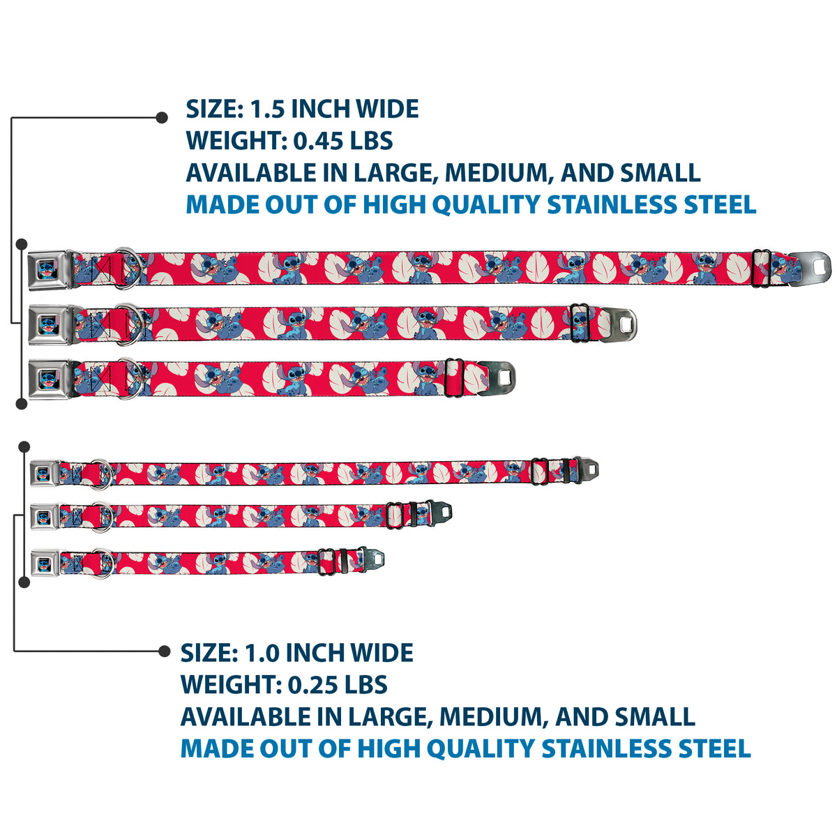 Stitch Smiling Full Color CLOSE-UP Seatbelt Buckle Collar - Lilo & Stitch Stitch 4-Poses/Lilo Dress Leaves Red/Ivory Dog Collars Seatbelt Buckle Disney