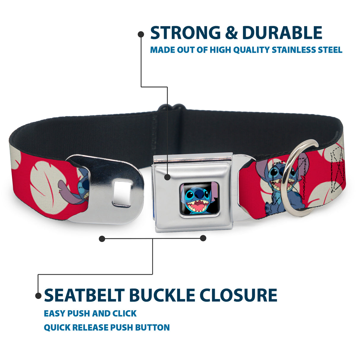 Stitch Smiling Full Color CLOSE-UP Seatbelt Buckle Collar - Lilo & Stitch Stitch 4-Poses/Lilo Dress Leaves Red/Ivory Dog Collars Seatbelt Buckle Disney