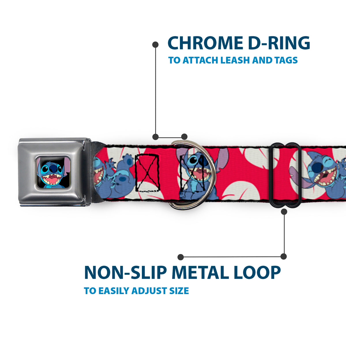 Stitch Smiling Full Color CLOSE-UP Seatbelt Buckle Collar - Lilo & Stitch Stitch 4-Poses/Lilo Dress Leaves Red/Ivory Dog Collars Seatbelt Buckle Disney