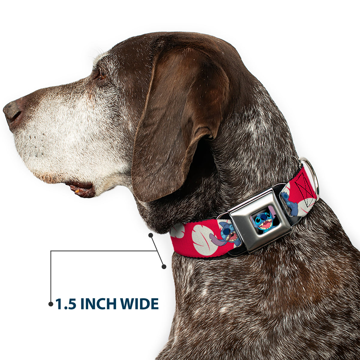Stitch Smiling Full Color CLOSE-UP Seatbelt Buckle Collar - Lilo & Stitch Stitch 4-Poses/Lilo Dress Leaves Red/Ivory Dog Collars Seatbelt Buckle Disney