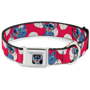 Stitch Smiling Full Color CLOSE-UP Seatbelt Buckle Collar - Lilo & Stitch Stitch 4-Poses/Lilo Dress Leaves Red/Ivory Dog Collars Seatbelt Buckle Disney