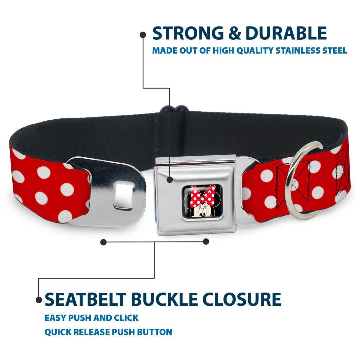 Minnie Mouse w Bow CLOSE-UP Full Color Black Red White Seatbelt Buckle Collar - Minnie Mouse Polka Dots Red/White Dog Collars Seatbelt Buckle Disney