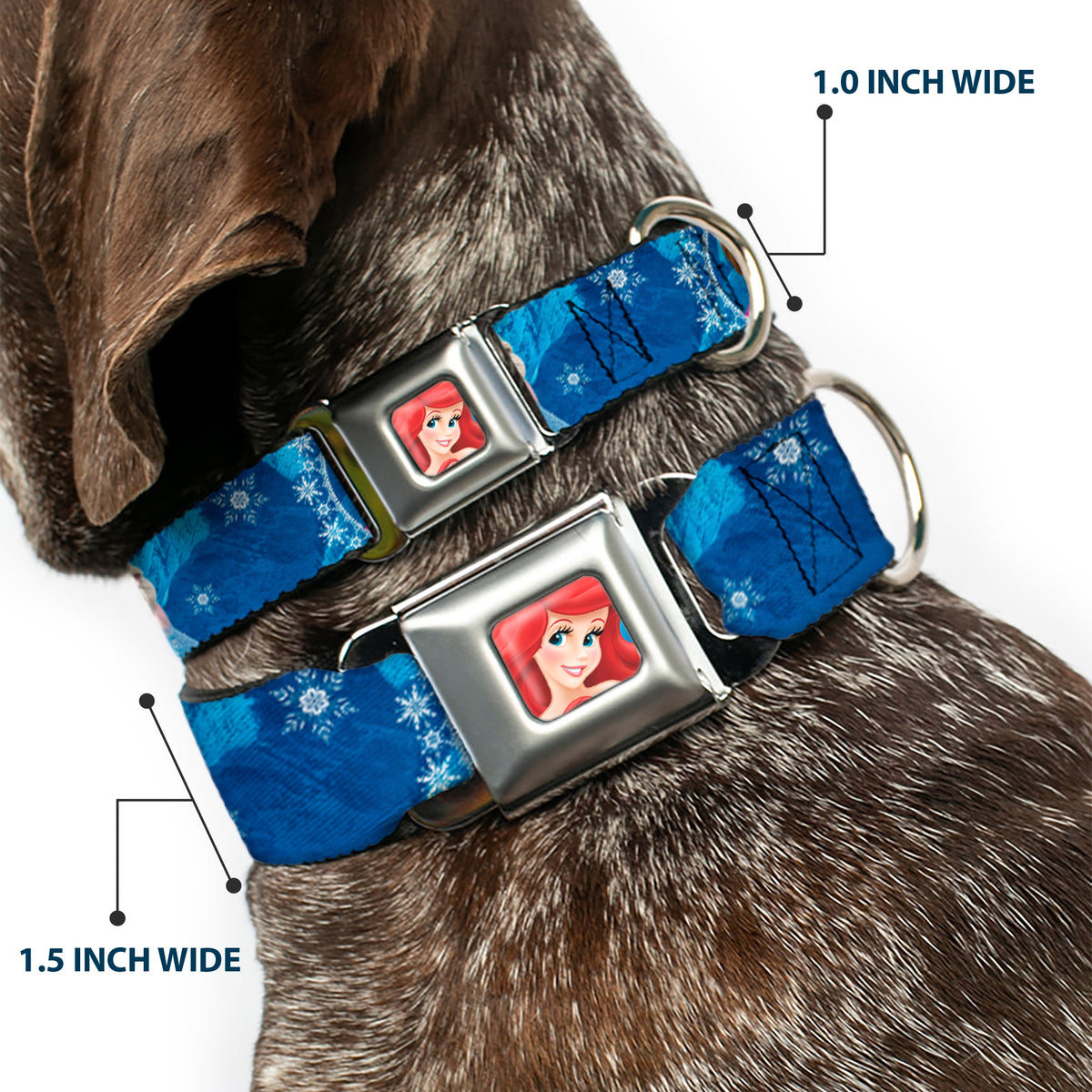 Frozen Elsa the Snow Queen Pose Snowflakes Full Color Blue White Seatbelt Buckle Collar - Anna & Elsa Poses/Castle & Mountains Blues Dog Collars Seatbelt Buckle Disney