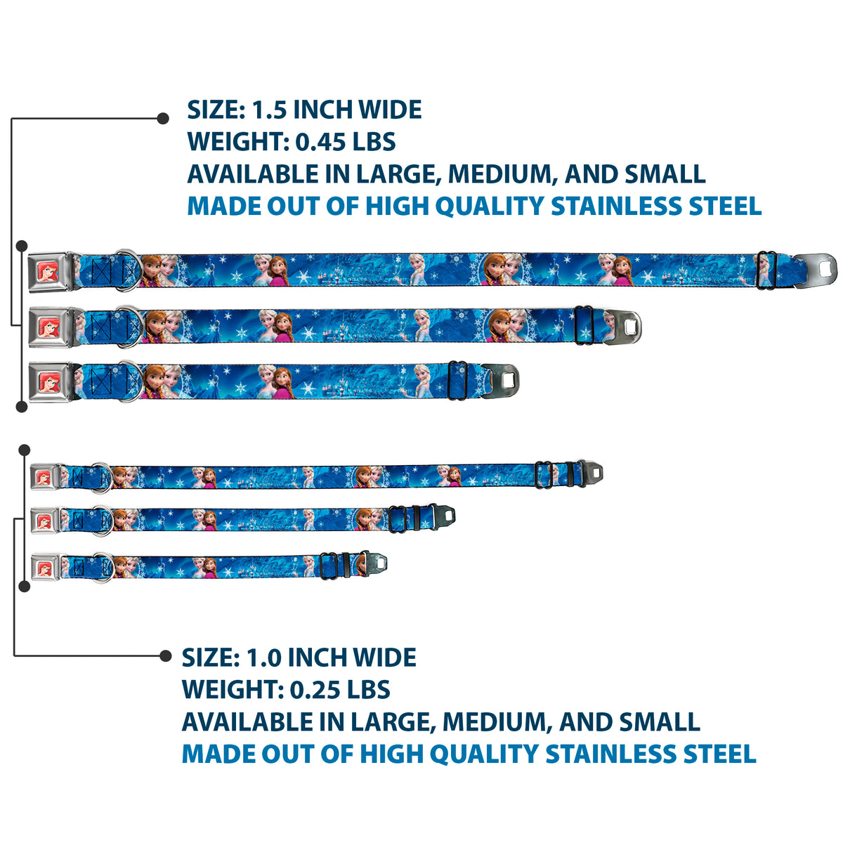 Frozen Elsa the Snow Queen Pose Snowflakes Full Color Blue White Seatbelt Buckle Collar - Anna & Elsa Poses/Castle & Mountains Blues Dog Collars Seatbelt Buckle Disney