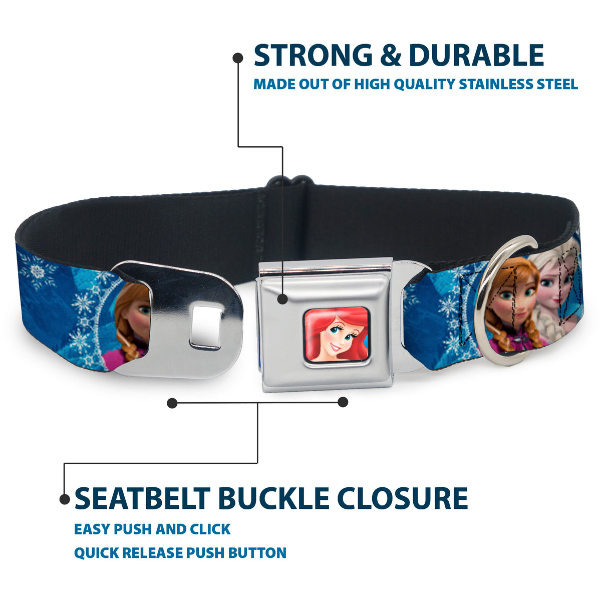 Frozen Elsa the Snow Queen Pose Snowflakes Full Color Blue White Seatbelt Buckle Collar - Anna & Elsa Poses/Castle & Mountains Blues Dog Collars Seatbelt Buckle Disney