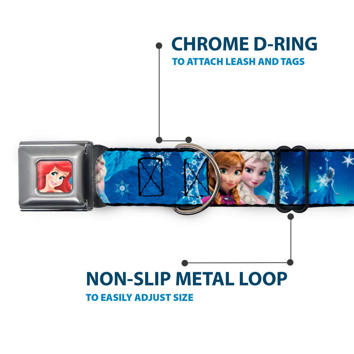 Frozen Elsa the Snow Queen Pose Snowflakes Full Color Blue White Seatbelt Buckle Collar - Anna & Elsa Poses/Castle & Mountains Blues Dog Collars Seatbelt Buckle Disney