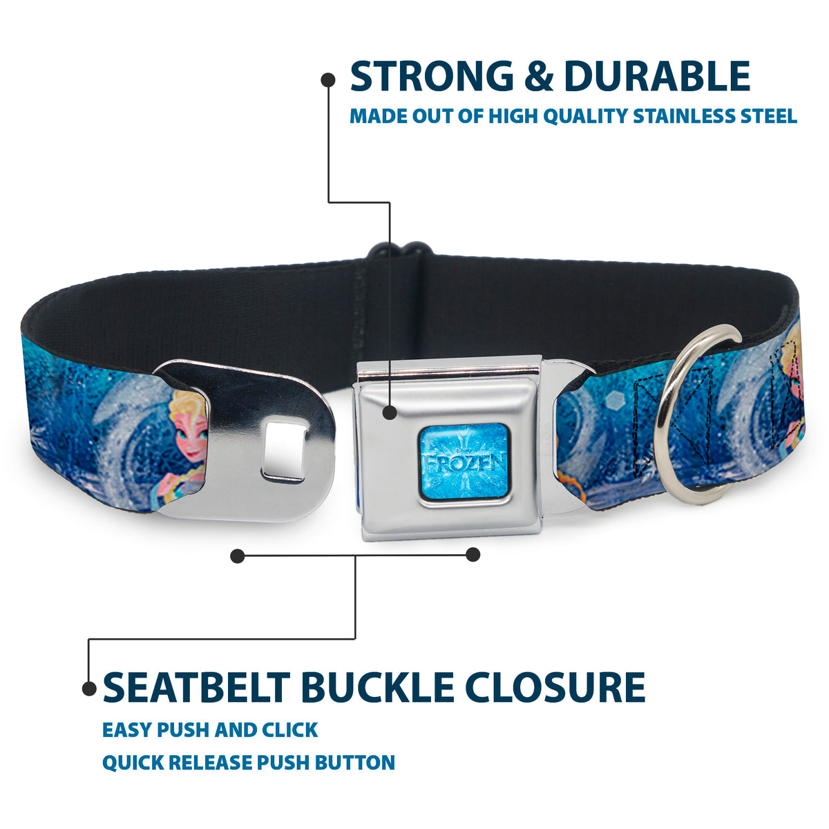 FROZEN Logo Full Color Blues Seatbelt Buckle Collar - Frozen Elsa the Snow Queen Poses/Snowflakes Dog Collars Seatbelt Buckle Disney