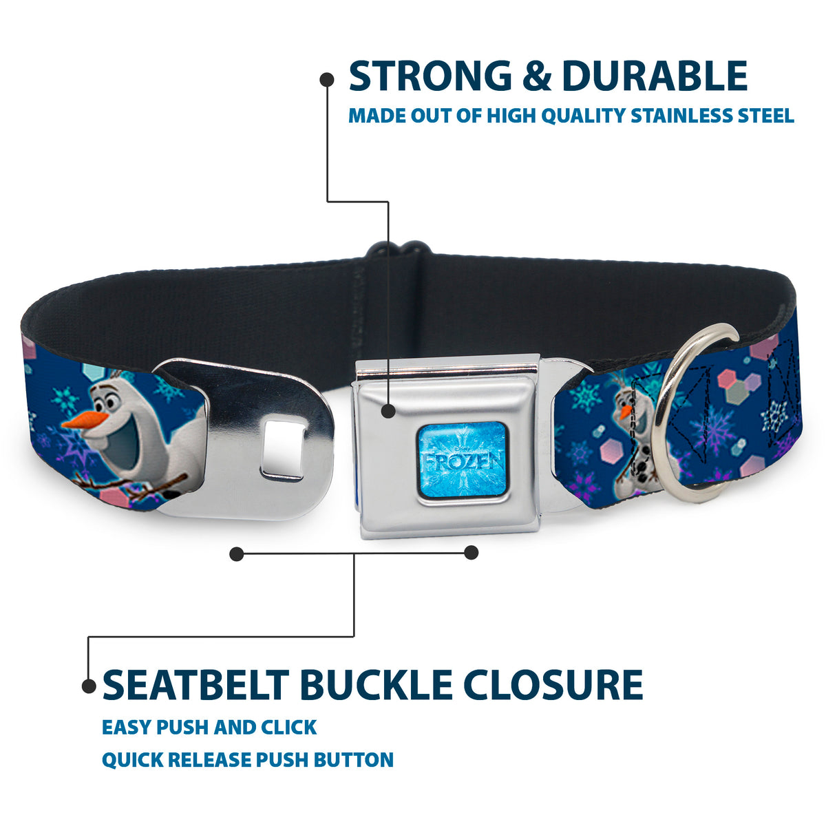 FROZEN Logo Full Color Blues Seatbelt Buckle Collar - Frozen Olaf Poses/Snowflakes Blues Dog Collars Seatbelt Buckle Disney