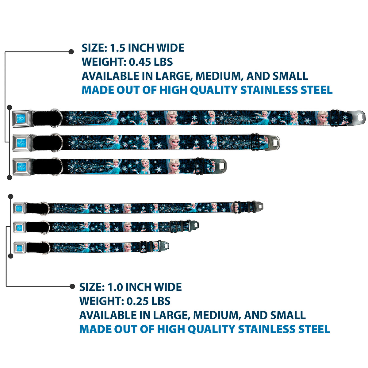 FROZEN Logo Full Color Blues Seatbelt Buckle Collar - Elsa the Snow Queen Poses PERFECT AND POWERFUL Blues/White Dog Collars Seatbelt Buckle Disney