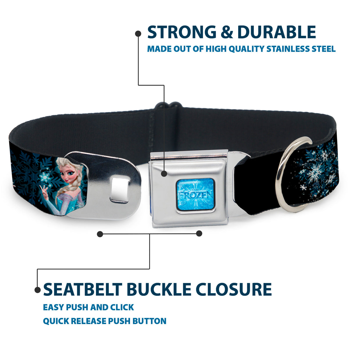 FROZEN Logo Full Color Blues Seatbelt Buckle Collar - Elsa the Snow Queen Poses PERFECT AND POWERFUL Blues/White Dog Collars Seatbelt Buckle Disney