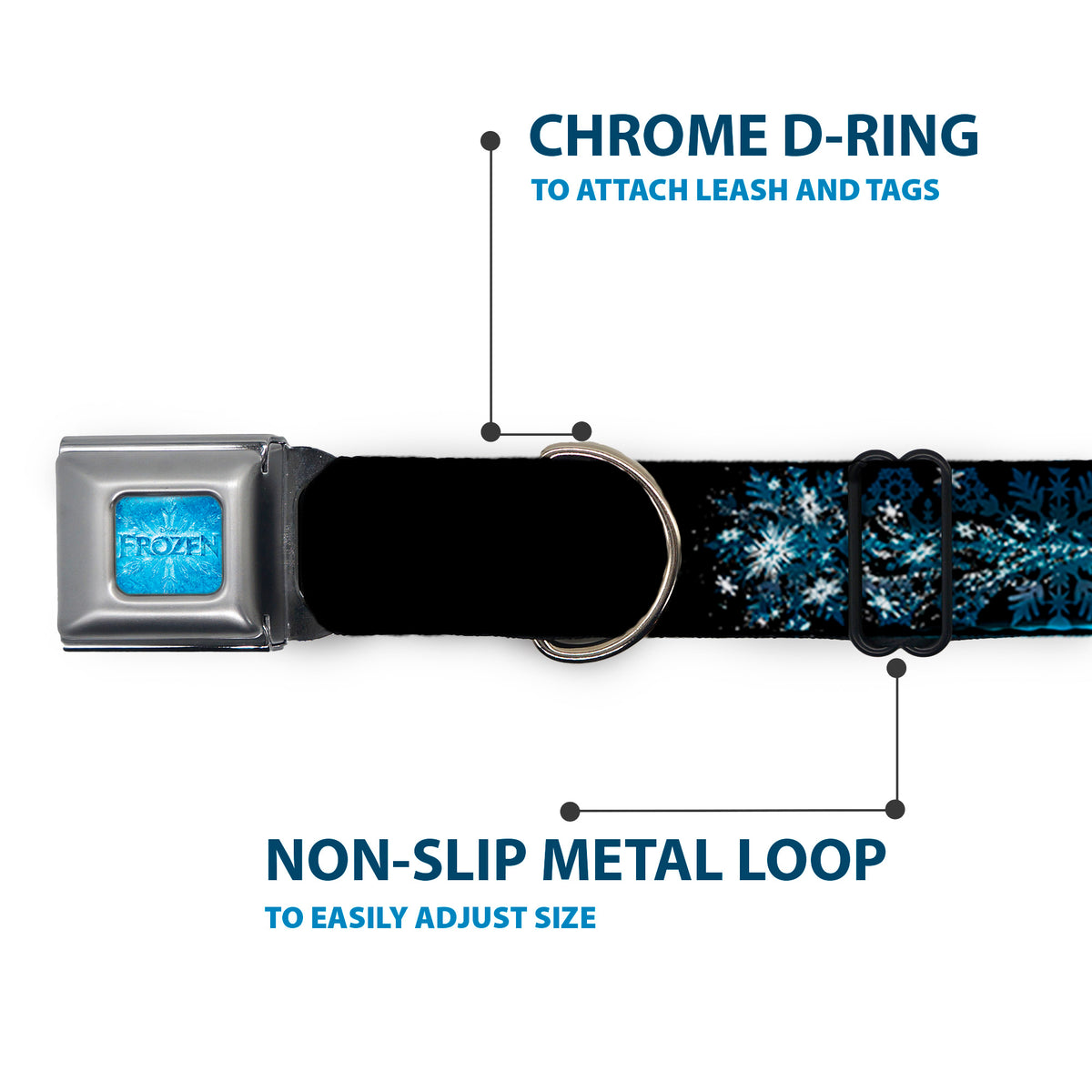 FROZEN Logo Full Color Blues Seatbelt Buckle Collar - Elsa the Snow Queen Poses PERFECT AND POWERFUL Blues/White Dog Collars Seatbelt Buckle Disney